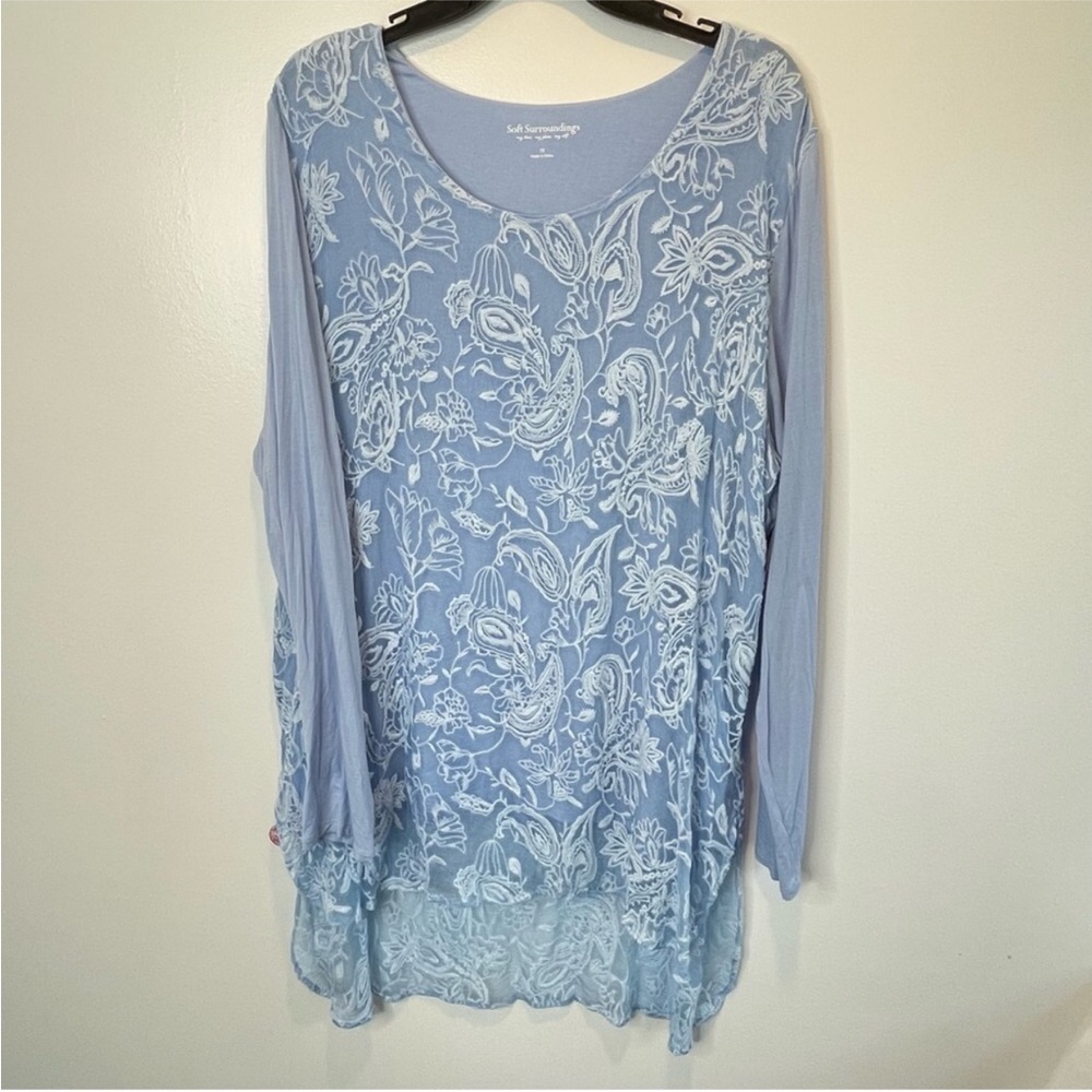 Soft Surroundings Adele Silk Tunic Top Long Sleeves Artsy Baby Blue